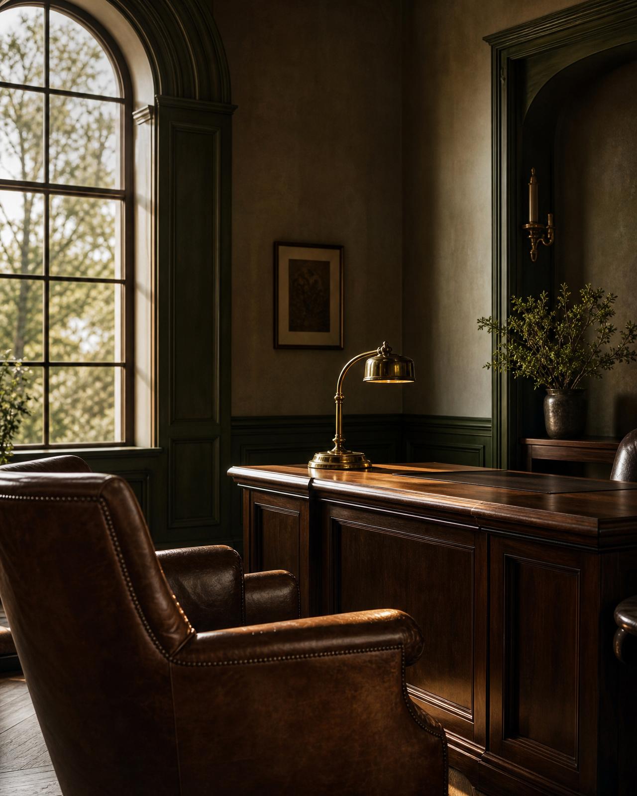 An aged brass nameplate mounted on a dark green painted door in warm afternoon light